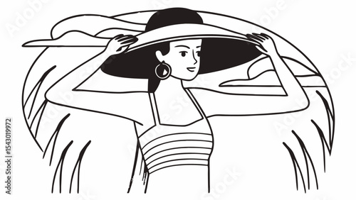 Woman in striped top and large hat holding the brim with both hands in a black and white line drawing created with generated ai