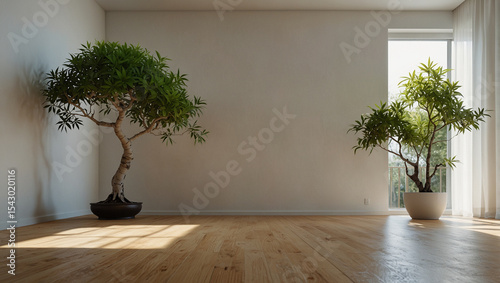 Minimalist Interior with Lush Monstera in White Ceramic Pot, Soft Natural Sunlight and Leaf Shadows on Sage Green Wall, Lucid Realistic Home Decor Scene.