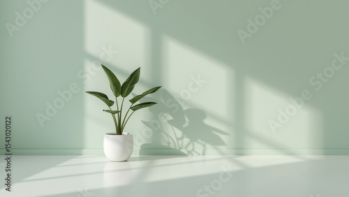 Minimalist Interior with Lush Monstera in White Ceramic Pot, Soft Natural Sunlight and Leaf Shadows on Sage Green Wall, Lucid Realistic Home Decor Scene.
