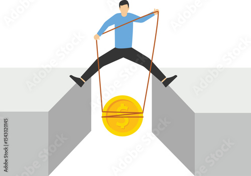 Investment risks and rewards, recovering financial losses or financial investment losses, businessmen standing with two feet on the edge of a cliff trying to pull up a bundle of money stock illustrati