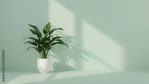 Minimalist Interior with Lush Monstera in White Ceramic Pot, Soft Natural Sunlight and Leaf Shadows on Sage Green Wall, Lucid Realistic Home Decor Scene.