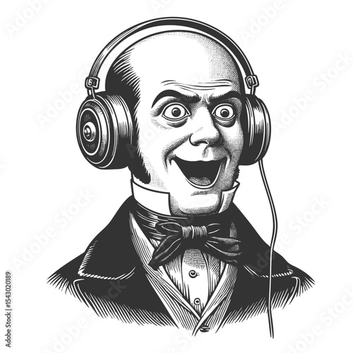 Funny cheerful Victorian man wearing modern headphones, enjoying music with a joyful and surprised expression sketch engraving generative ai fictional character vector. Scratch board. Black and white.