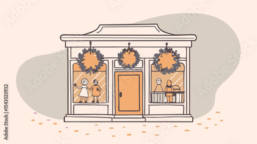 Illustration of a storefront decorated with wreaths and people inside the windows and on the porch