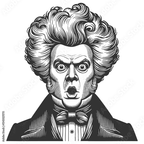 Funny surprised man with exaggerated wild hair and wide eyes, dressed in old-fashioned formal clothing sketch engraving generative ai fictional character vector. Scratch board. Black and white.