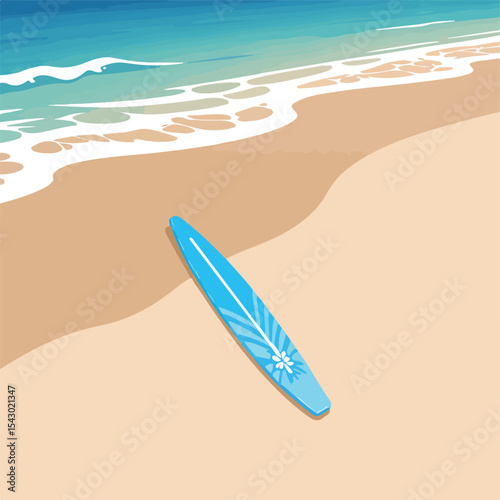 Surfboard on sandy beach with turquoise water illustration.