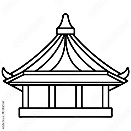 Traditional Asian pagoda with curved roof in line art