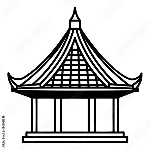 Traditional Asian pavilion with curved tiled roof in line art