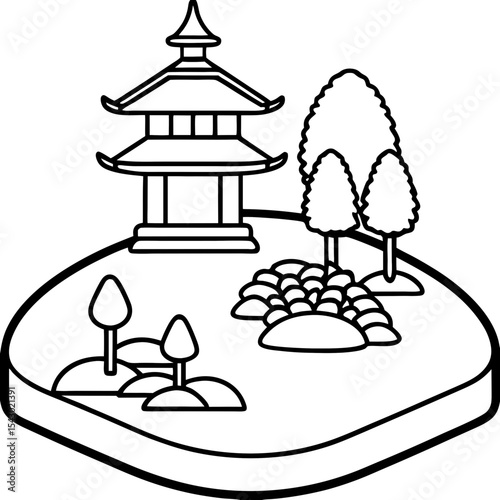 Japanese garden with pagoda and trees in line drawing