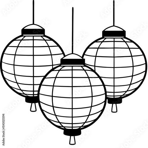 Set of three paper lanterns with grid design in line art