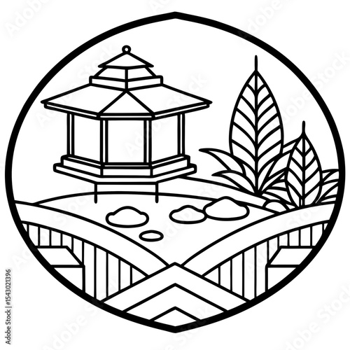  Circular Japanese garden illustration with pagoda and bridge