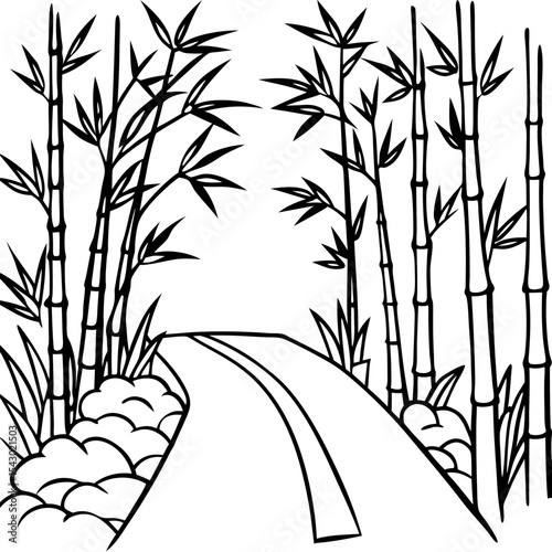 Bamboo forest path line drawing in black and white