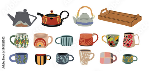 Vector set of handmade ceramic mugs, cups, teapots, kettles, and wooden tray. Rustic kitchenware collection with natural textures, isolated on transparent background. Cozy tea time concept