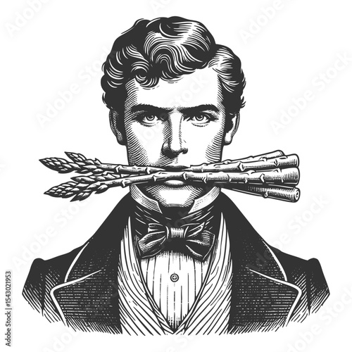 man gripping asparagus stalks in his mouth sketch engraving generative ai fictional character vector illustration. Scratch board imitation. Black and white image.
