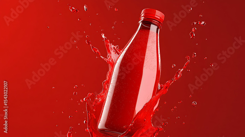 Red juice drink plastic bottle mockup with splash effect on luxurious vibrant red background, premium product branding concept