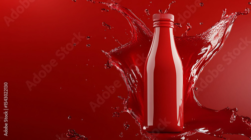 Red juice drink plastic bottle mockup with splash effect on luxurious vibrant red background, premium product branding concept