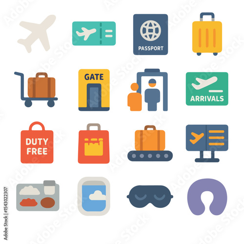Colorful Flat Design Travel and Airport Icon Set