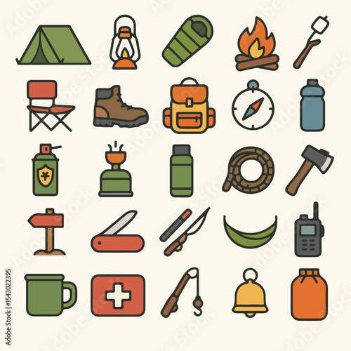 Camping Gear and Adventure Icons Flat Vector Design