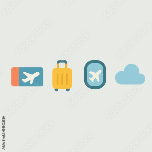 Travel Icons: Airplane Ticket, Suitcase, Window View, Cloud