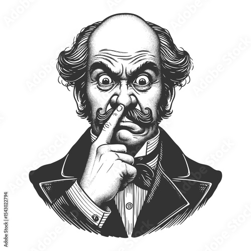 man in a tuxedo with finger up nose, captured in exaggerated humorous style sketch engraving generative ai fictional character vector illustration. Scratch board imitation. Black and white image.