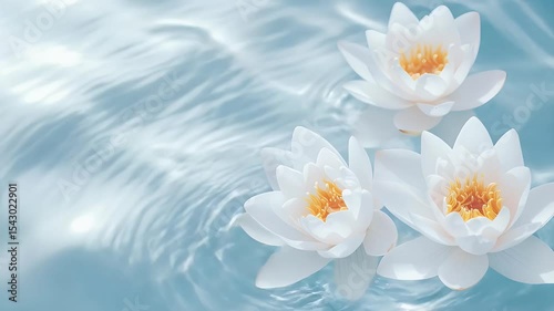 Three White Lotus Flowers Floating on Light Blue Water Surface with Ripples