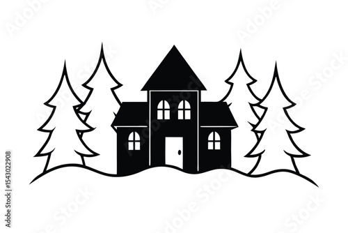 Haunted House Scene with Spooky Tree Surroundings Vector Illustration