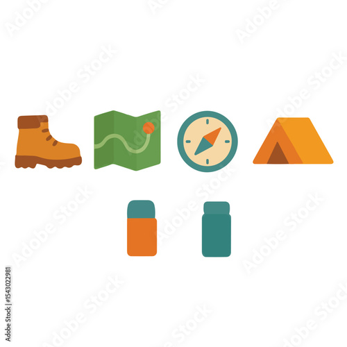 Camping and Hiking Gear Flat Design Illustration Elements