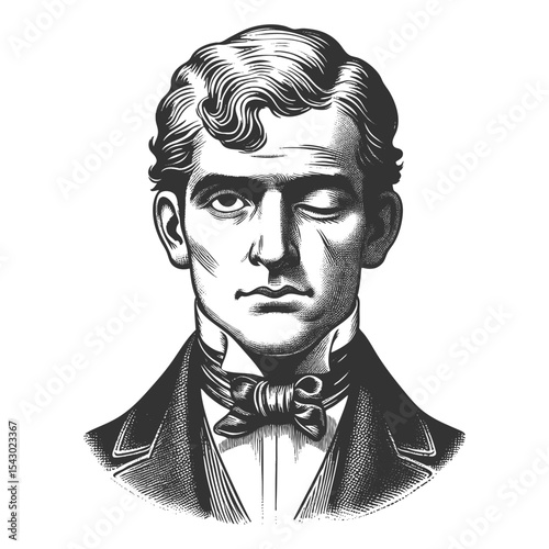 man in formal attire giving a skeptical wink with a neutral face sketch engraving generative ai fictional character vector illustration. Scratch board imitation. Black and white image.