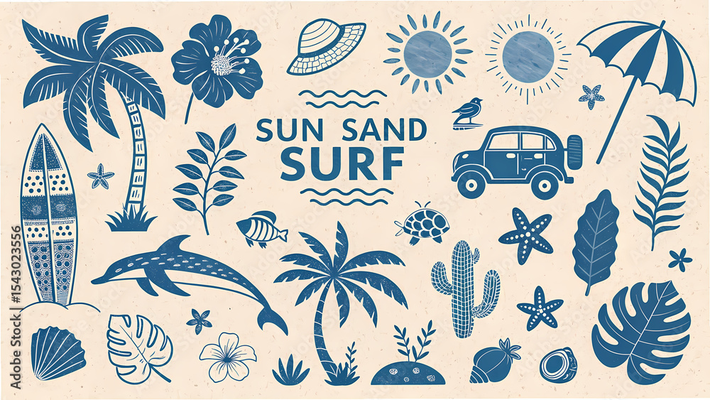 Fototapeta premium seamless pattern with sea animals sun sand surf illustrations 
