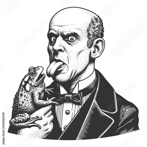 Funny Victorian man sticking out his tongue toward a toad he's holding, in humorous style sketch engraving generative ai fictional character vector illustration. Scratch board. Black and white image.