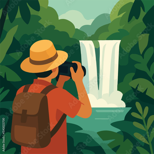Photographer capturing jungle waterfall landscape with backpack and hat.