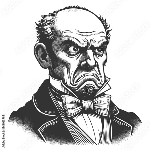 Funny angry, scowling man in old-fashioned formal clothing with an exaggerated frown and intense expression sketch engraving generative ai fictional character vector. Scratch board. Black and white.