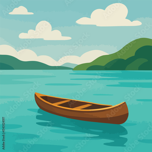 Canoe on Still Water, Mountain Backdrop, Cloud-Filled Sky