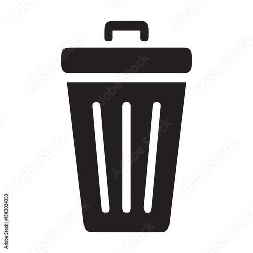 minimalist black and white trash can icon, waste bin symbol for recycling and sanitation concepts