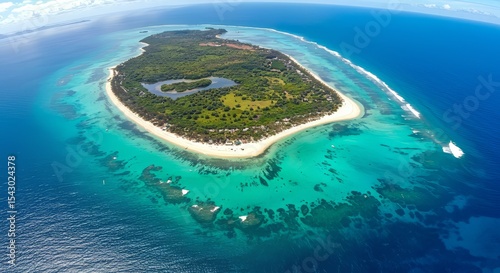Aerial View of a Tropical Island with Turquoise Water and White Sand Beach