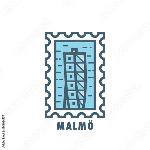 Vector stamp of Malmo, Sweden skyscraper, tower, landmark, city symbol. Thin line pictogram, skyline emblem, logo, icon graphic. Flat, blue, cool