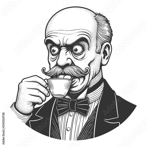 Funny wide-eyed man in formal attire humorously licking a small teacup, creating comedic effect sketch engraving generative ai fictional character vector illustration. Scratch board. Black and white.