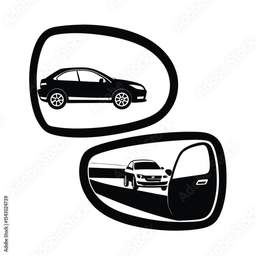 Car side mirrors reflecting vehicles silhouette.