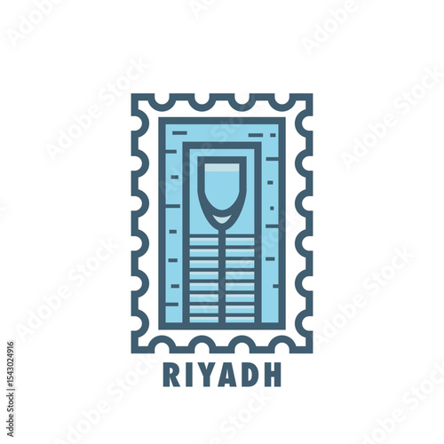Vector stamp of Riyadh, Saudi Arabia skyscraper, tower, landmark, city symbol. Thin line pictogram, skyline emblem, logo, icon graphic. Flat, blue, cool