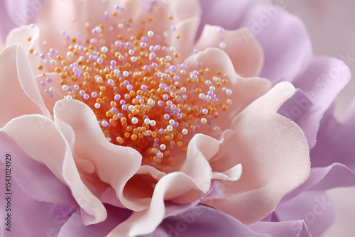 An alluring close-up of a flower with soft, lilac petals and a sprinkle of orange and lilac micro beads at its heart.