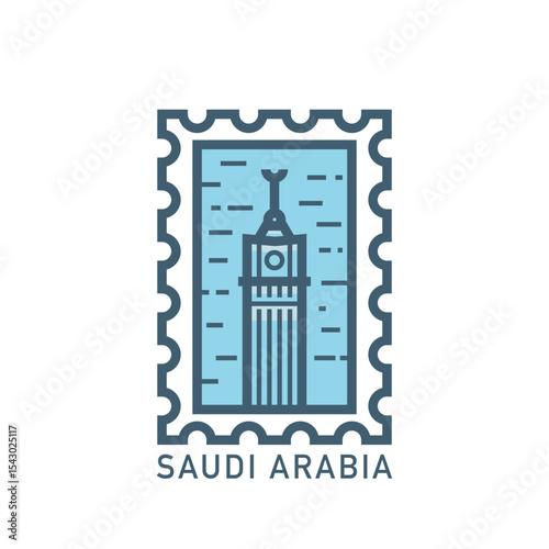 Vector stamp of Makkah, Saudi Arabia tower, landmark, city symbol. Thin line pictogram, skyline emblem, logo, icon graphic. Flat, blue, cool