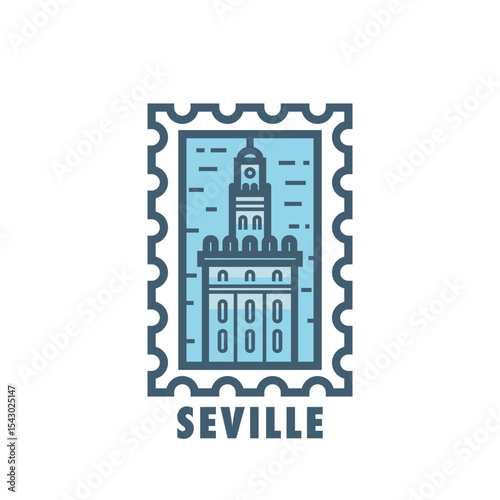 Vector stamp of Seville, Spain tower, landmark, city symbol. Thin line pictogram, skyline emblem, logo, icon graphic. Flat, blue, cool