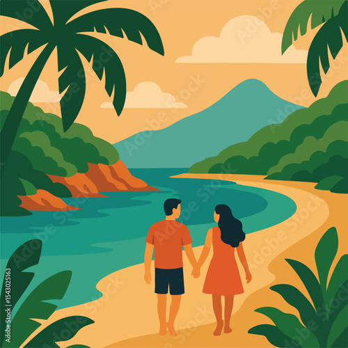 Couple Walking on Tropical Beach Holding Hands, Artistic Illustration