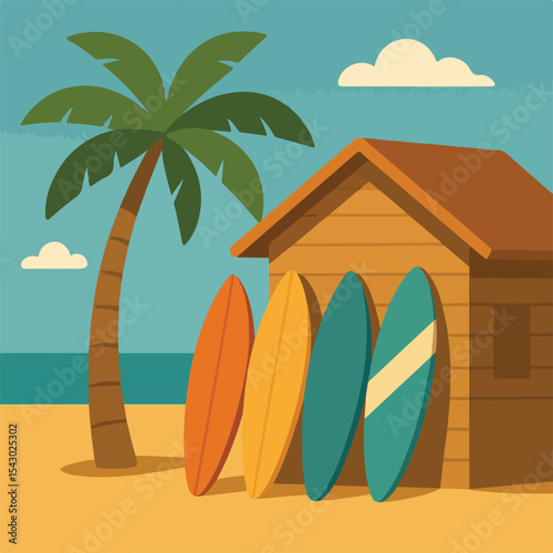 Surfboards Leaning on Beach Hut with Palm Tree Illustration