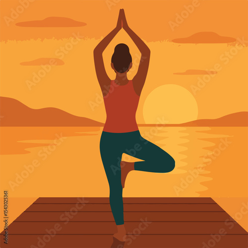 Woman Practicing Yoga Tree Pose at Sunset