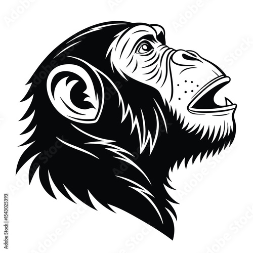 Black and white chimpanzee head looks upward with its mouth open in profile