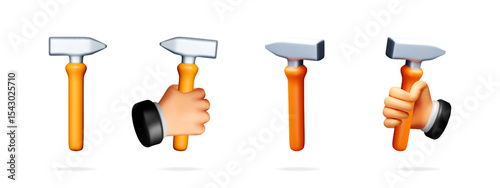 Set of volumetric hammers with different head shapes, one held by a man's hand. Repair tool for construction. Labor Day concept.