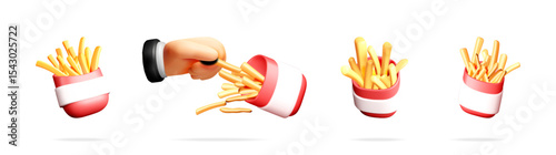 Stock vector set collection of 3d french fries in realistic red and white carton boxes, one hand picking up a single fry