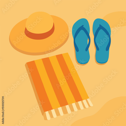 Sunny Beach Vacation Still Life: Hat, Towel, and Flip-Flops