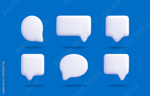 White 3d speech bubble icon set on blue background. Different shape of empty comic talk box with shadow for communication concept.