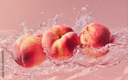 Floating peaches in water with droplets and ripples, pale pink background, ideal for food packaging design, beverage advertising, and healthy lifestyle branding.
